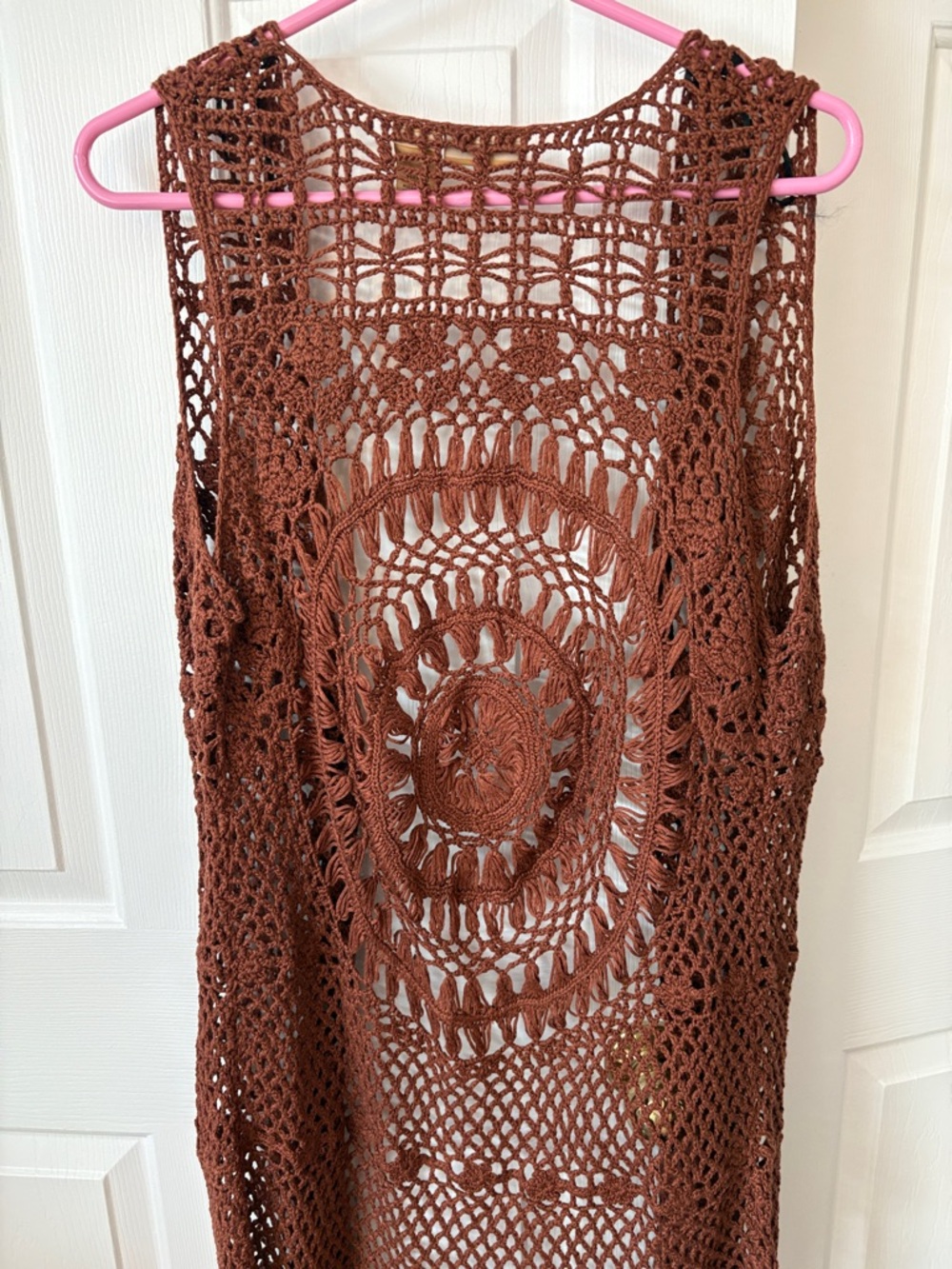 NWOT Beautiful Wrangler Brand Crochet Fringe Open Front Vest in Rich Brown M - Picture 13 of 17